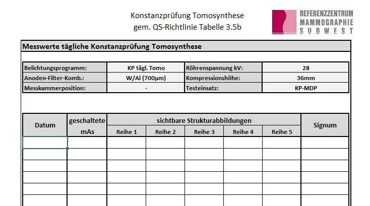 Protokoll für die Konstanzprüfung an Röntgeneinrichtungen für mammographische Tomosynthese